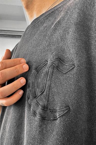 Füme Acid Wash Kabartma Baskılı Oversize Tişört