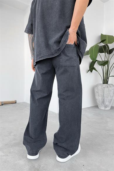Füme Beli Lastikli Acid Wash Baggy Pantolon