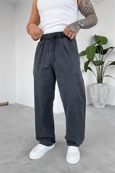 Füme Beli Lastikli Acid Wash Baggy Pantolon