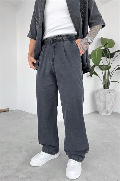 Füme Beli Lastikli Acid Wash Baggy Pantolon