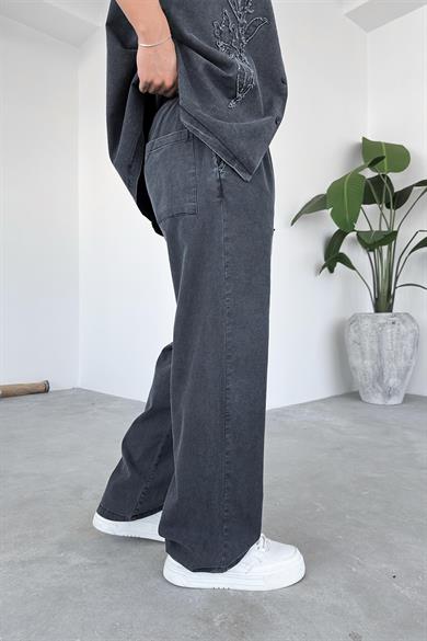 Füme Beli Lastikli Acid Wash Baggy Pantolon