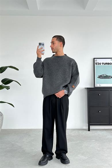 Füme Bisiklet Yaka Oversize Triko Kazak