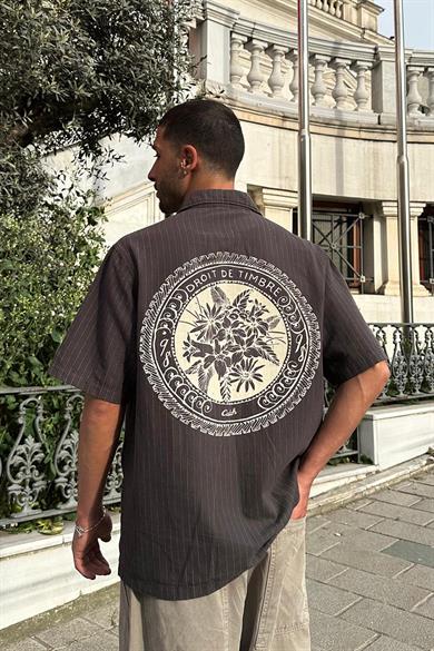 Füme Çizgili Droit CH Oversize Gömlek