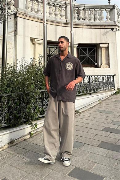 Füme Çizgili Droit CH Oversize Gömlek