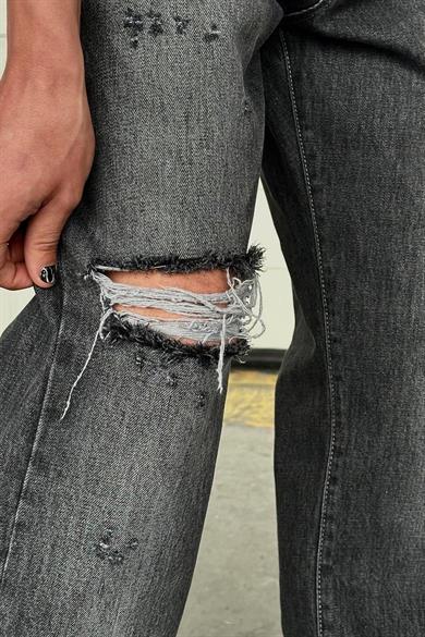 Füme Dokulu  Tek Dizi Yırtık Detaylı 001 GD Baggy Pantolon