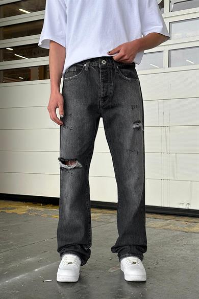 Füme Dokulu  Tek Dizi Yırtık Detaylı 001 GD Baggy Pantolon