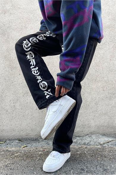Füme Füme İç Yazı Detay Paça Sökük Loose Fit Jean
