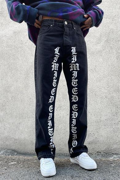 Füme Füme İç Yazı Detay Paça Sökük Loose Fit Jean