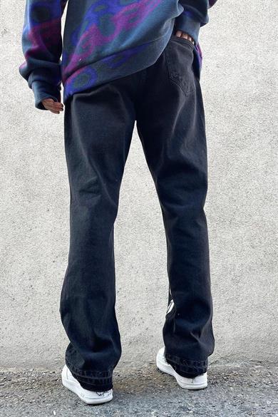 Füme Füme İç Yazı Detay Paça Sökük Loose Fit Jean