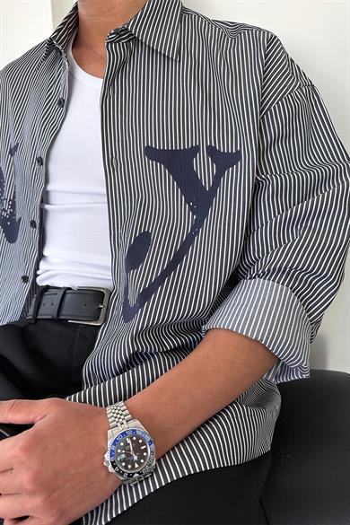 Füme NY Baskılı Oversize Çizgili Gömlek