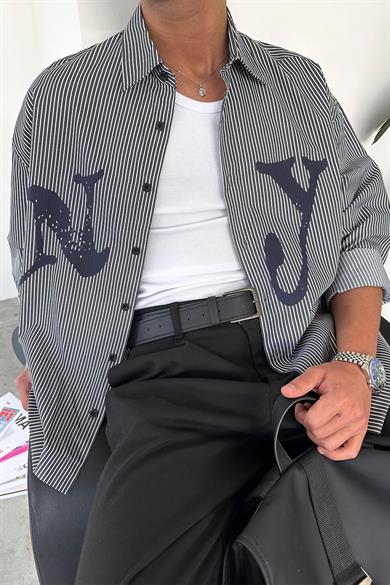 Füme NY Baskılı Oversize Çizgili Gömlek