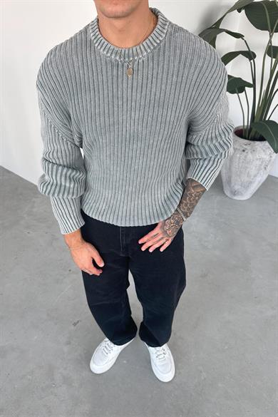 Gri Acid Wash Fitilli Oversize Triko Kazak
