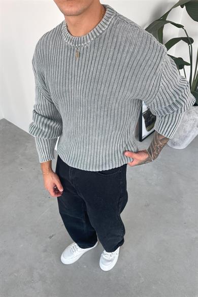 Gri Acid Wash Fitilli Oversize Triko Kazak