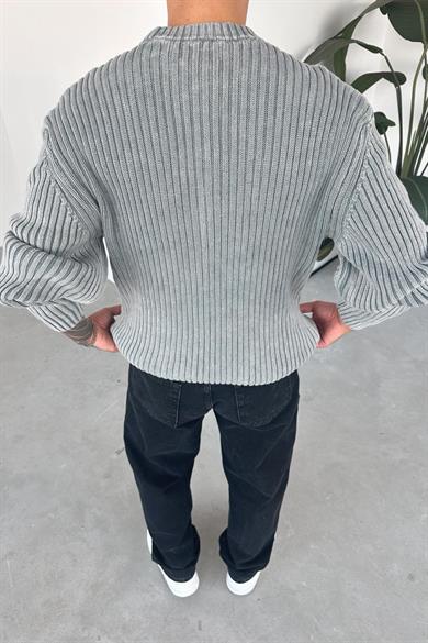 Gri Acid Wash Fitilli Oversize Triko Kazak