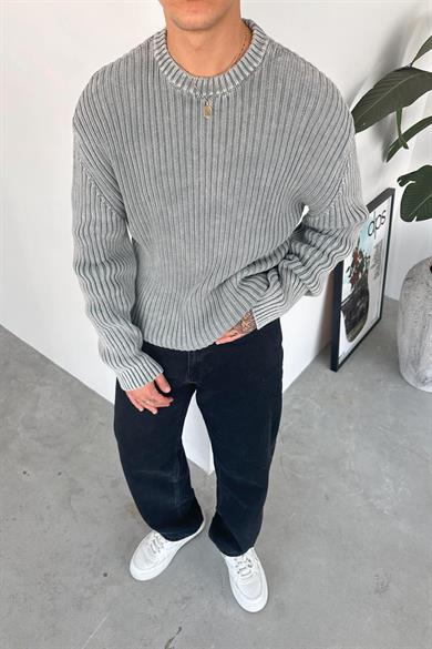 Gri Acid Wash Fitilli Oversize Triko Kazak