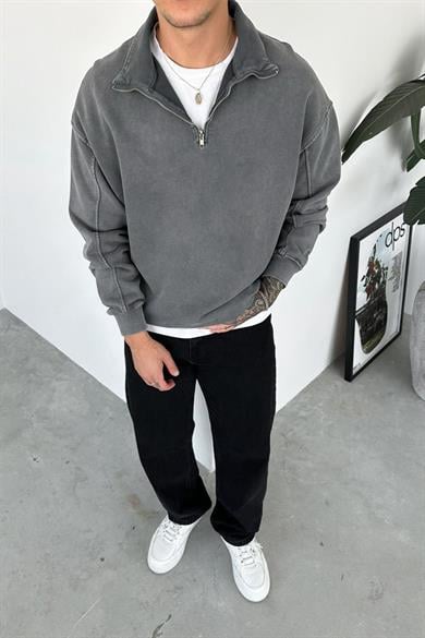 Gri Acid Wash Yarım Fermuar Oversize Sweatshirt