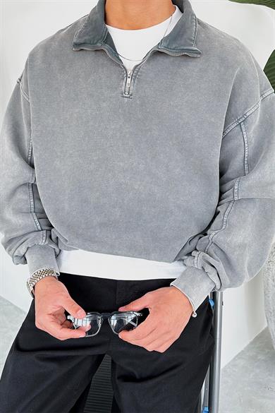 Gri Acid Wash Yarım Fermuar Oversize Sweatshirt
