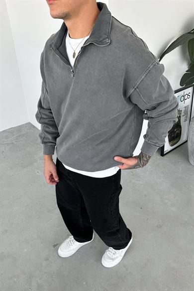 Gri Acid Wash Yarım Fermuar Oversize Sweatshirt