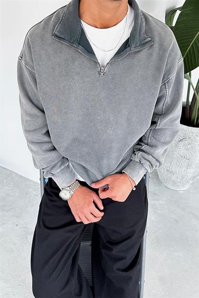 Gri Acid Wash Yarım Fermuar Oversize Sweatshirt
