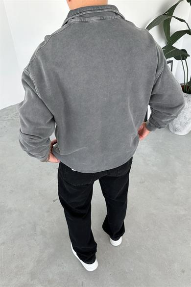 Gri Acid Wash Yarım Fermuar Oversize Sweatshirt