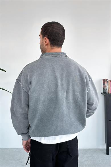 Gri Acid Wash Yarım Fermuar Oversize Sweatshirt