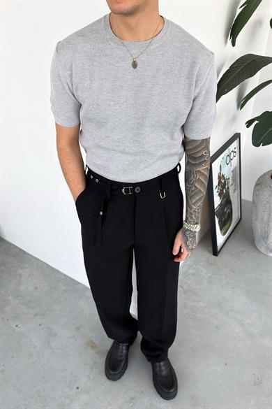 Gri Basic Bisiklet Yaka Triko Relaxed Tişört