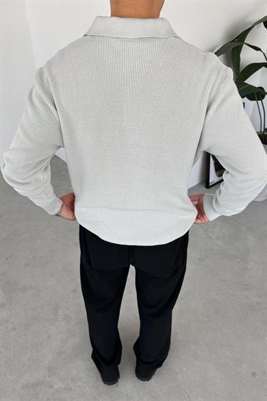 Gri Basic Fitilli Düğmeli Yaka Relaxed Kazak