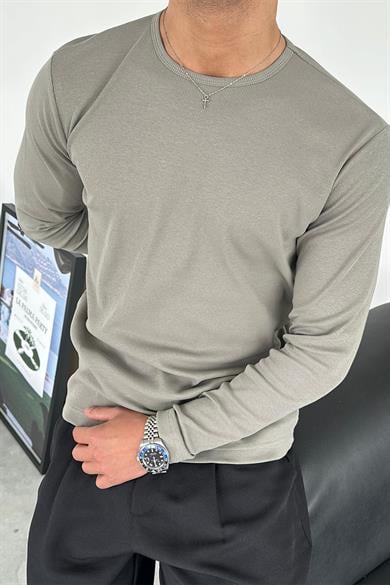 Gri Basic Fitilli Relax Fit Uzun Kollu Tişört