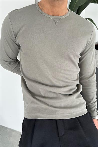 Gri Basic Fitilli Relax Fit Uzun Kollu Tişört