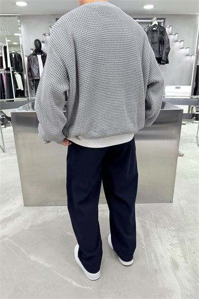 Gri Basic Örgülü Oversize Triko Kazak