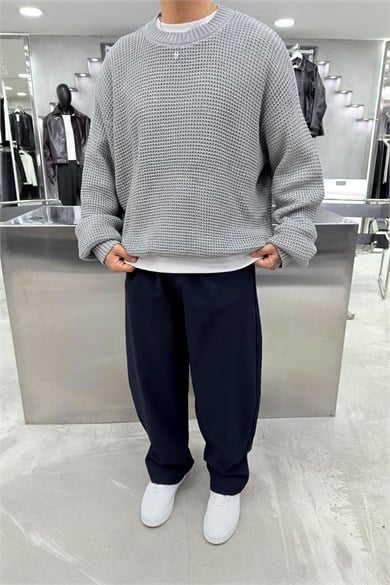 Gri Basic Örgülü Oversize Triko Kazak