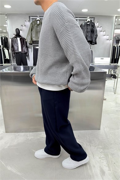 Gri Basic Örgülü Oversize Triko Kazak