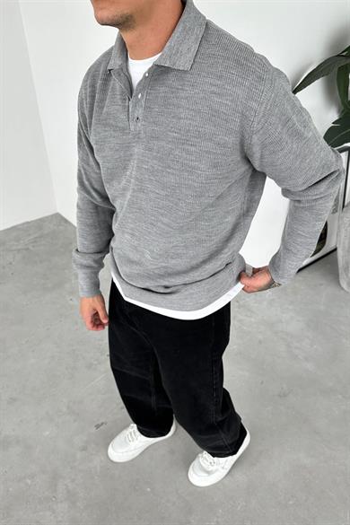 Gri Basic Polo Yaka Triko Kazak