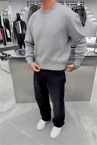 Gri Basic Premium Düğme Detaylı Boxy Fit Kazak