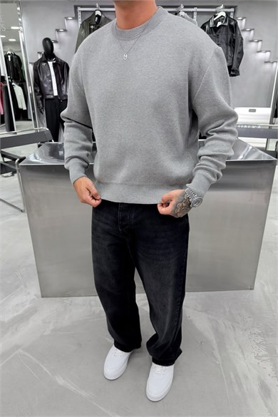 Gri Basic Premium Düğme Detaylı Boxy Fit Kazak