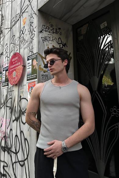Gri Basic Tank Top Full Likralı OP Erkek Atlet Tişört