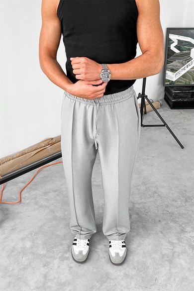 Gri Beli İpli Çımalı Relaxed Pantolon