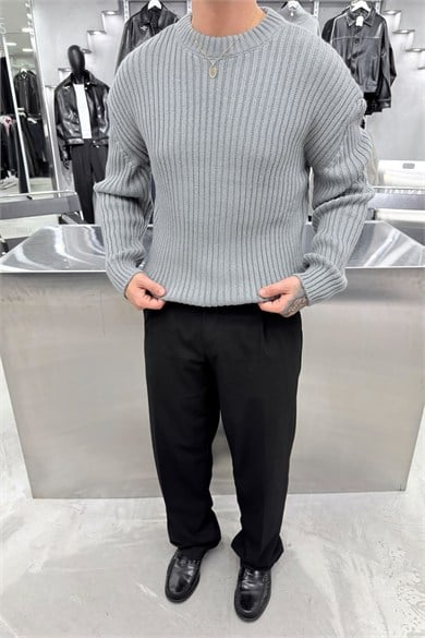 Gri Bisiklet Yaka Fitilli Oversize Triko Kazak