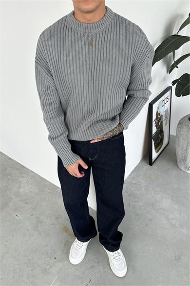 Gri Bisiklet Yaka Fitilli Oversize Triko Kazak