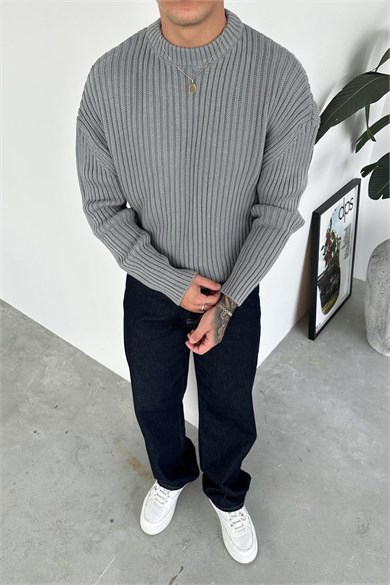 Gri Bisiklet Yaka Fitilli Oversize Triko Kazak