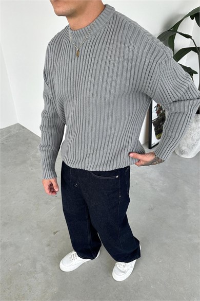 Gri Bisiklet Yaka Fitilli Oversize Triko Kazak