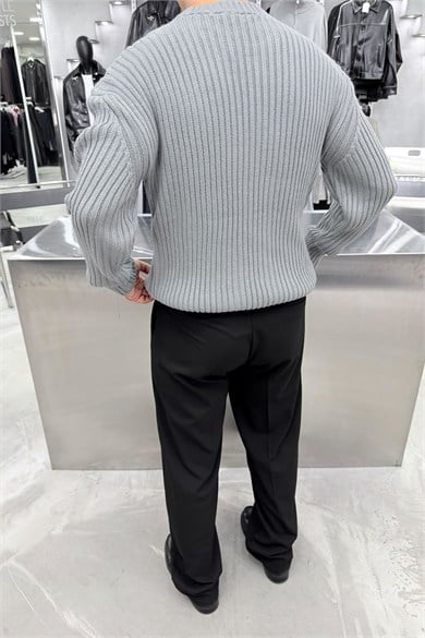 Gri Bisiklet Yaka Fitilli Oversize Triko Kazak