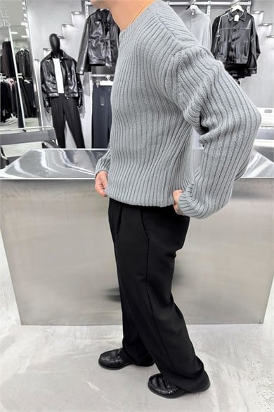 Gri Bisiklet Yaka Fitilli Oversize Triko Kazak