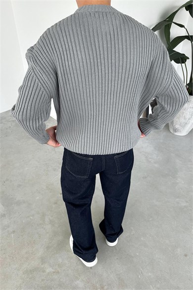 Gri Bisiklet Yaka Fitilli Oversize Triko Kazak