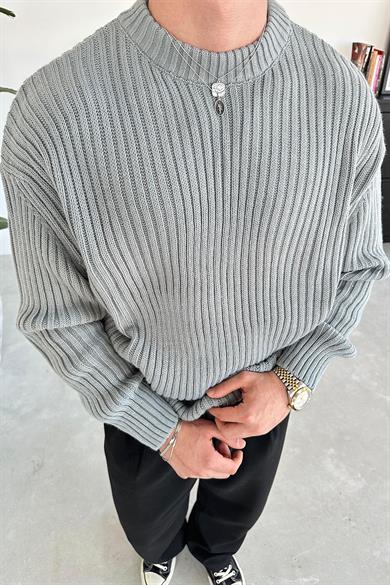 Gri Bisiklet Yaka Fitilli Oversize Triko Kazak