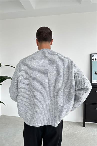 Gri Bisiklet Yaka Oversize Triko Kazak