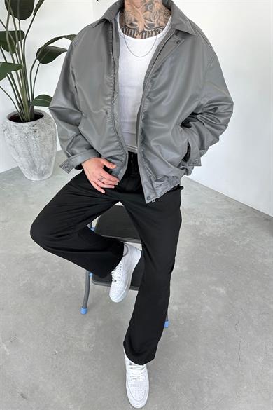 Gri Bomber Oversize Deri Ceket