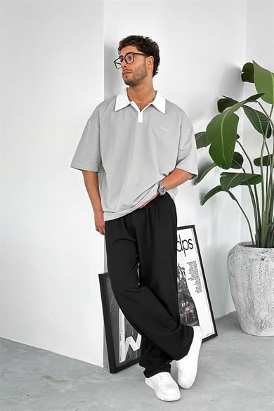Gri Bound Polo Yaka OUTPLENTY PREMİUM Oversize Tişört