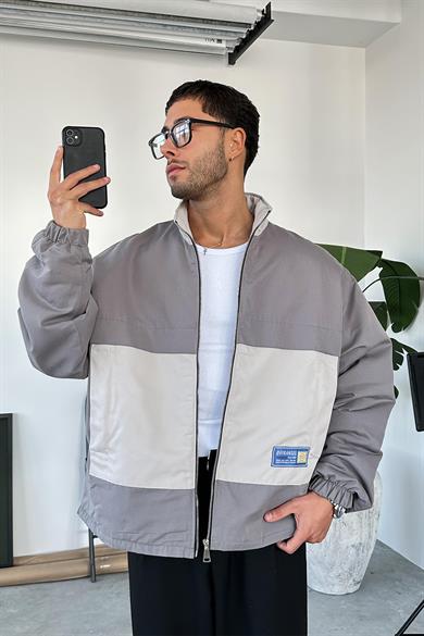 Gri Boxy Fit Cep Fermuar Detay Mevsimlik Mont