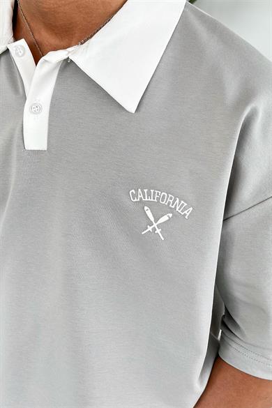 Gri California Polo Yaka OUTPLENTY PREMİUM Oversize Tişört